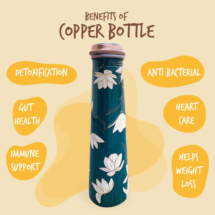 Floral Green Pattern Tower Copper Water Bottle - 1 Liter
