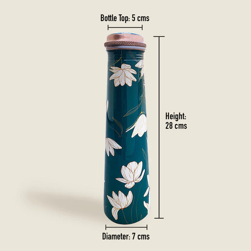 Floral Green Pattern Tower Copper Water Bottle - 1 Liter